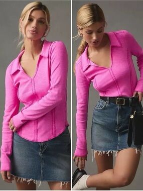 Pilcro Anthropologie Pink Collared Fitted Knit Top Long Sleeve Barbiecore Size M